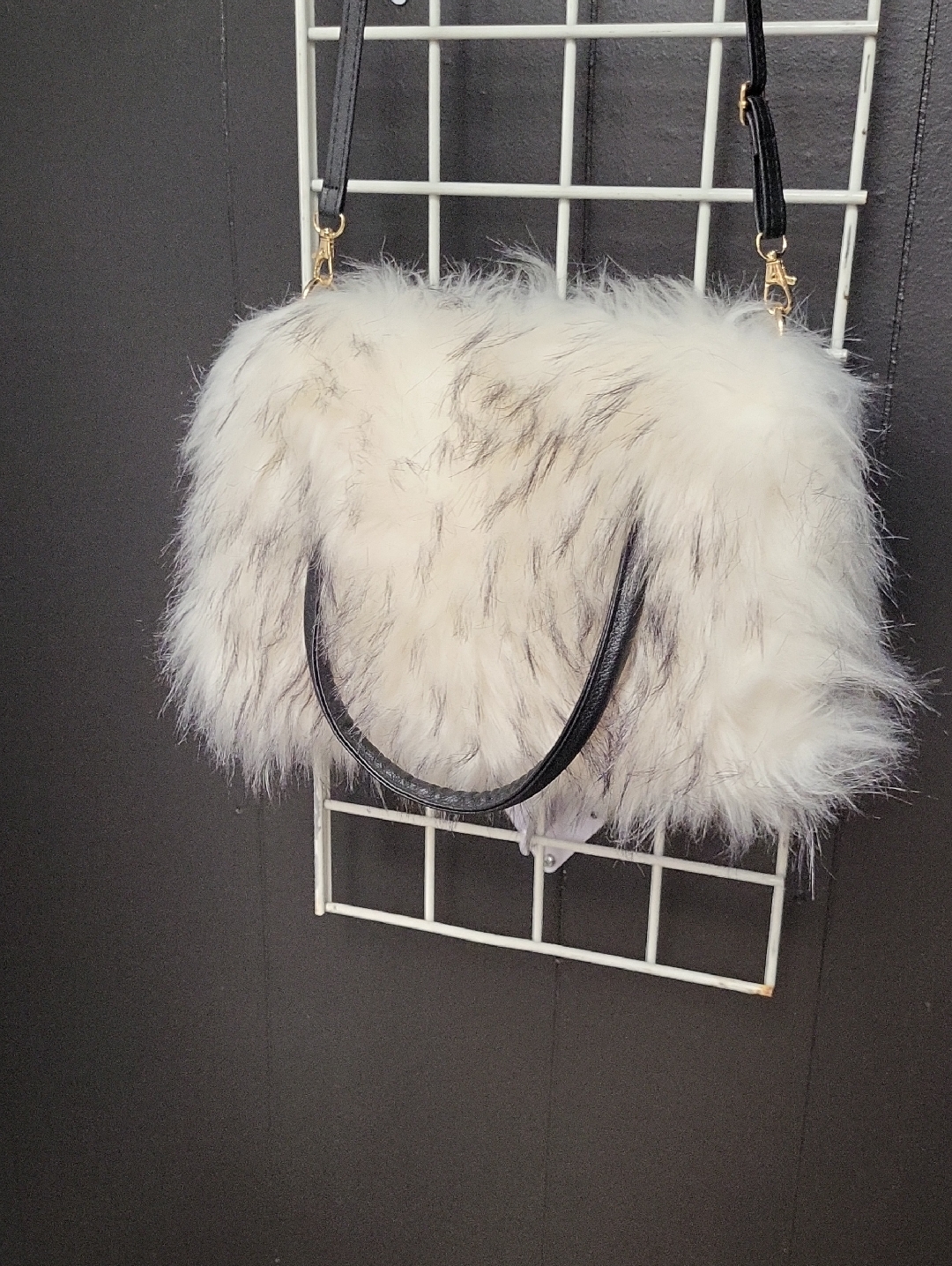 Faux Fur Shoulder Bag/Tote - White With Black Accents